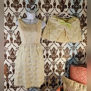 Vtg.60s Handmade A-line,Shift Dress W/Cape Ivory Lace, Green Women's XS-S